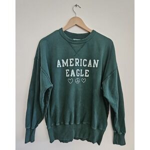 American Eagle Peace Heart Sweatshirt Small S Green Oversized Fleece Crewneck AE